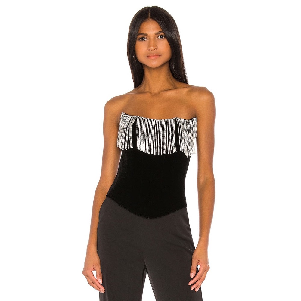 LPA Black Strapless Velvet Top with Silver Fringe
